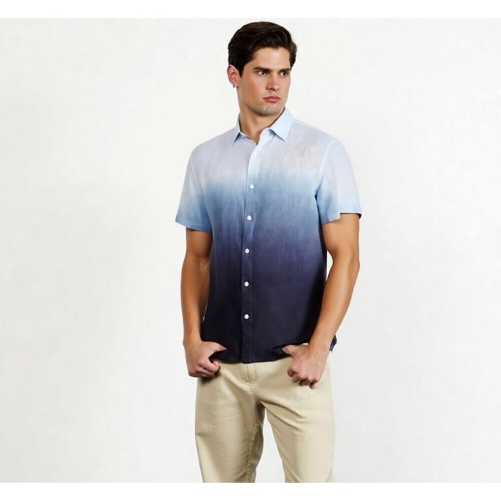 BLOOMINGDALES Shirt Mens Small Blue Ombre Button Up Short Sleeve 100% Linen
